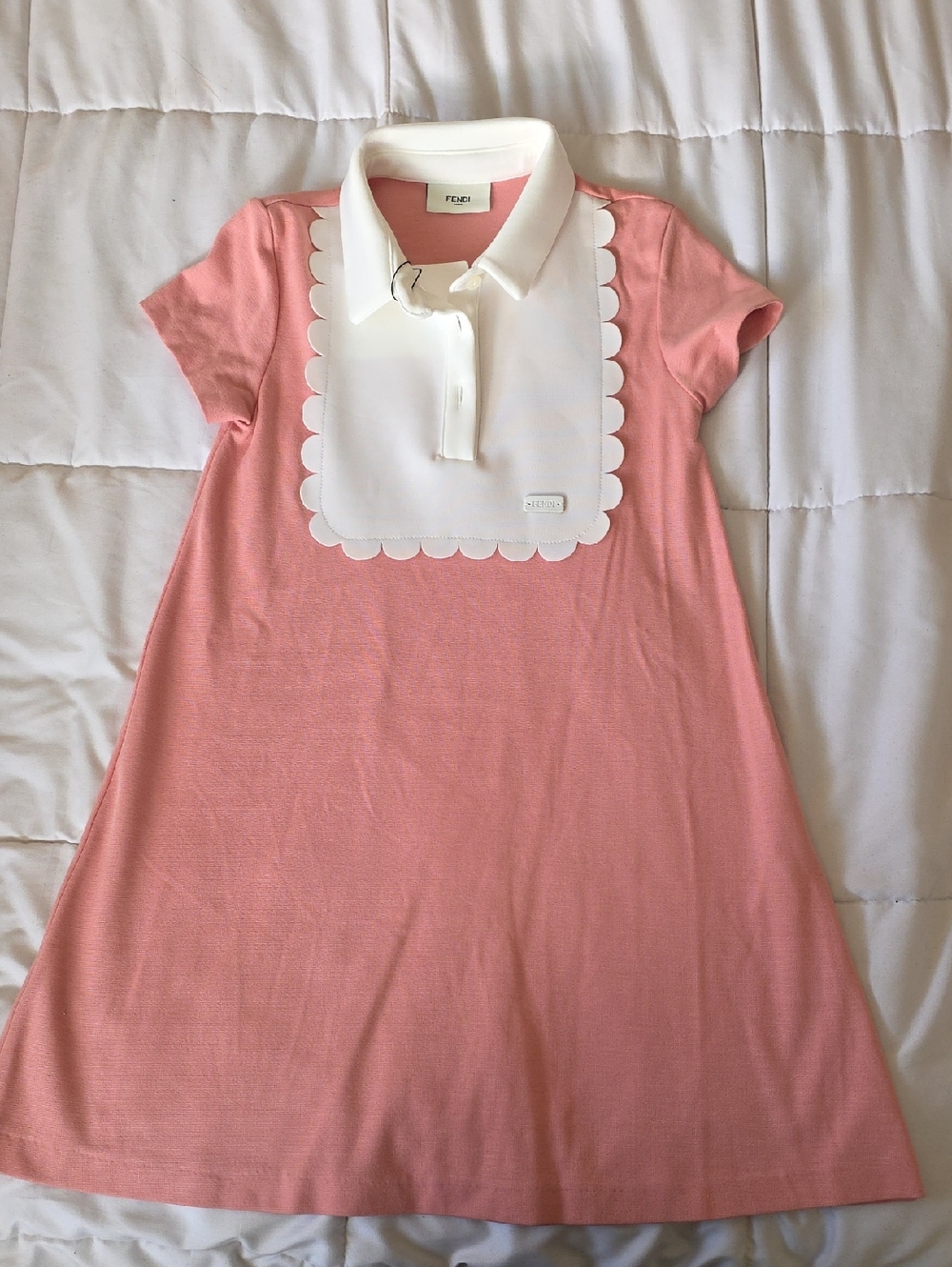 Fendi Pink Cotton Polo Dress with Scalloped White Bib